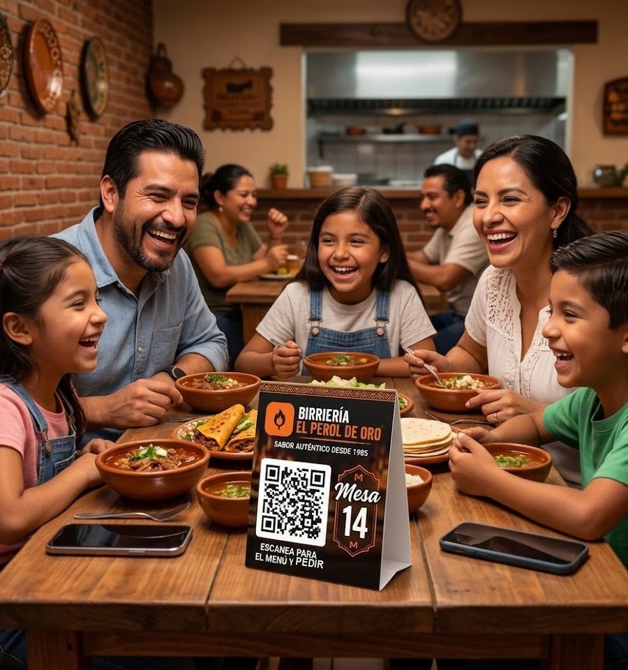 Una familia en el restaurante, con el código QR de la mesa para ver el menú y pedir a su ritmo