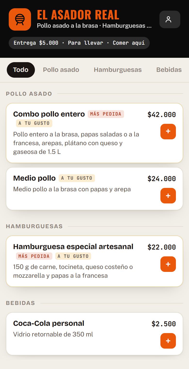La carta del asadero de ejemplo en el celular del cliente