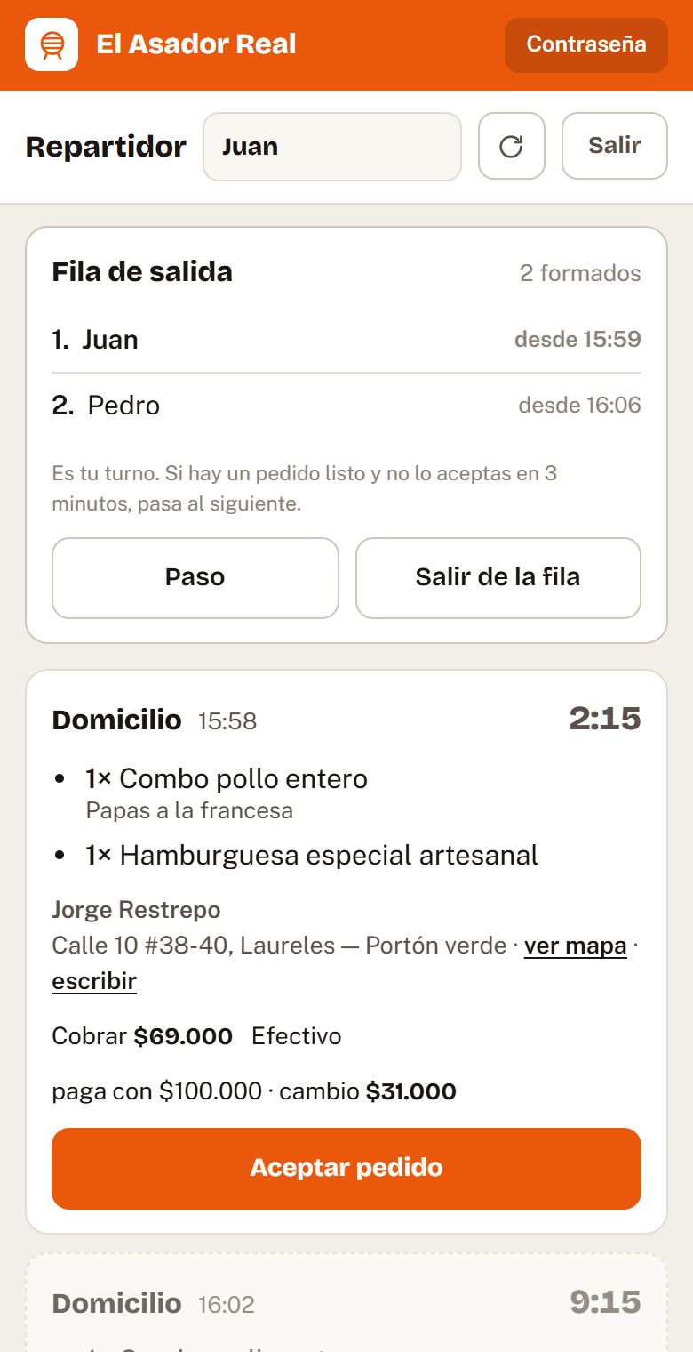 La pantalla del repartidor con su fila de salida y el pedido por cobrar